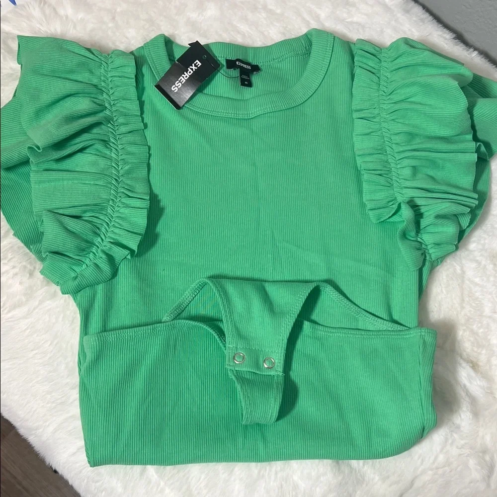 Express Bright Green Ruffle Sleeve Bodysuit - Picture 1 of 4